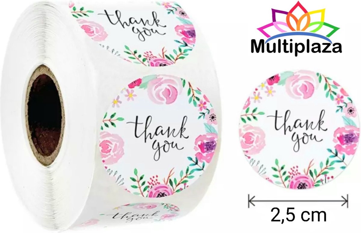 Stickers op rol Multiplaza "THANK YOU" - 500 stuks - Etiketten - bloemen - bedankt - promoten bedrijf - flowers - hobby - bedrijf - webshop - bestellingen - brief - pakket