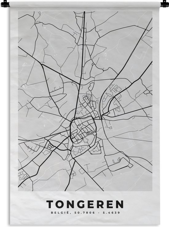 Wandkleed - Wanddoek - België – Tongeren – Stadskaart – Kaart – Zwart Wit – Plattegrond - 60x90 cm - Wandtapijt
