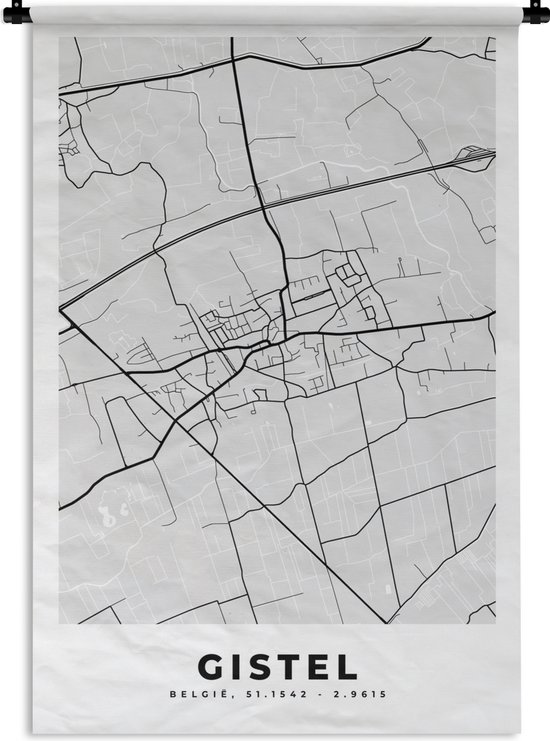 Tapisserie - Tapisserie - Plan de ville - Carte - België - Zwart Wit - Gistel - Carte - 90x135 cm - Tapisserie