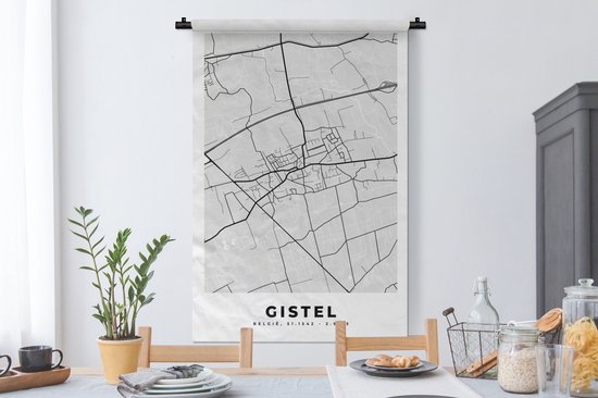 Tapisserie - Tapisserie - Plan de ville - Carte - België - Zwart Wit - Gistel - Carte - 90x135 cm - Tapisserie