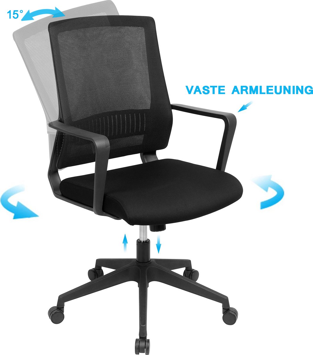 FOXSPORT Ergonomische bureaustoel, computerstoel met kantelmechanisme, verstelbare armleuningen, belastbaar tot 150 kg, zwart