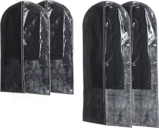 Set van 2x stuks kledinghoezen grijs 135/100 cm inclusief kledinghangers - Kledingzak met klerenhangers