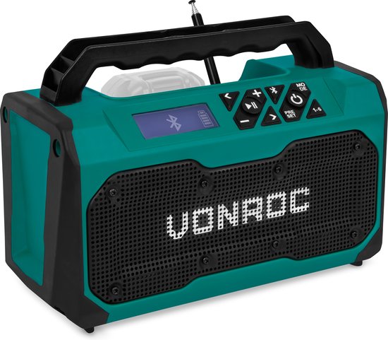VONROC Accu bouwradio 20V - FM, bluetooth & USB - Bass-reflex poort speakers - Excl. accu en snellader - Groen - JR501DC