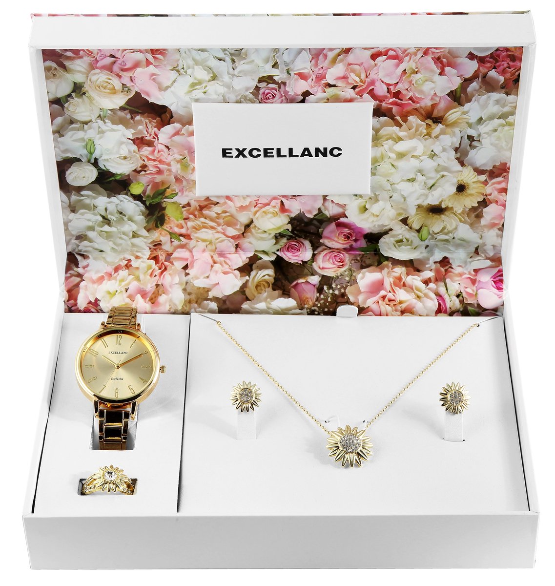 Excellanc dameshorloge geschenkset goudkleurig cadeauset ketting, ring, oorbellen kerstcadeau