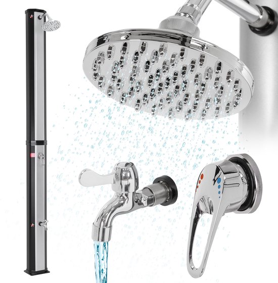 Arebos Solar shower 40 L Premium | zilver met bodemplaat antraciet | geïntegreerde thermometer | watertemperatuur tot 60°C Zwembaddouche | snap-in technologie | incl. voetdouche & afdekking