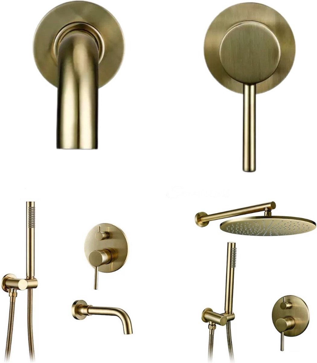 Blackline TS- Complete gouden Set Voor badkamer - Regendoucheset 30CM - Inbouwbadkraan - Wastafelkraan 21cm Set A - Geborsteld Goud