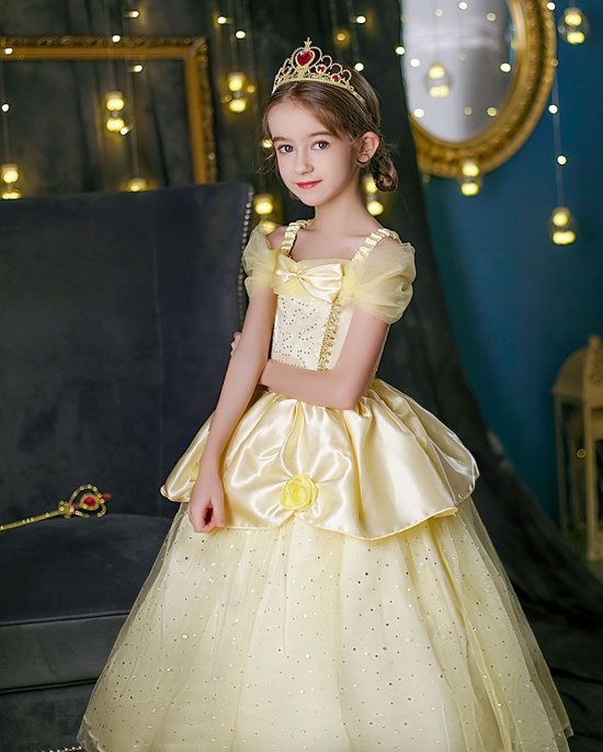 Robe Joya Beauty® Belle Dress Up | Princesse Robe | Déguisements La Belle et la Bête | Taille 116-122 (120) + couronne, bâton, Gants, collier, Ring et boucles d' Boucles d'oreilles GRATUITS