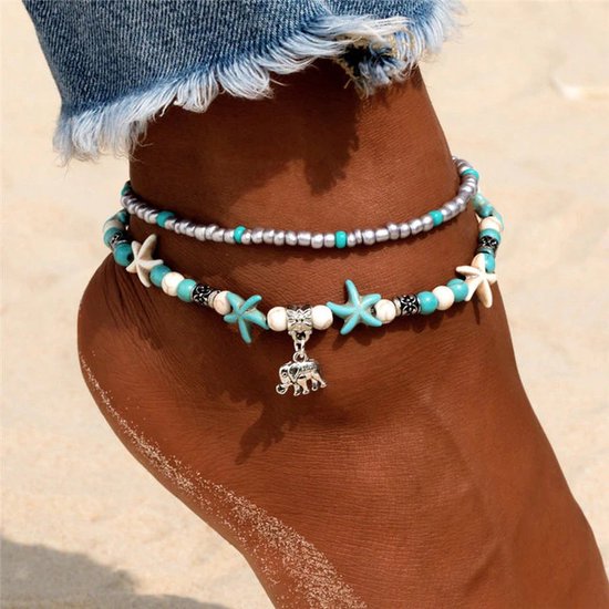 Bracelet de Cheville Eléphant - Femme / femme / pour elle - Set de 2 - Bracelet de Cheville perles multicouches - Avec pierres bleues - Étoile de mer - Perles - Turquoise