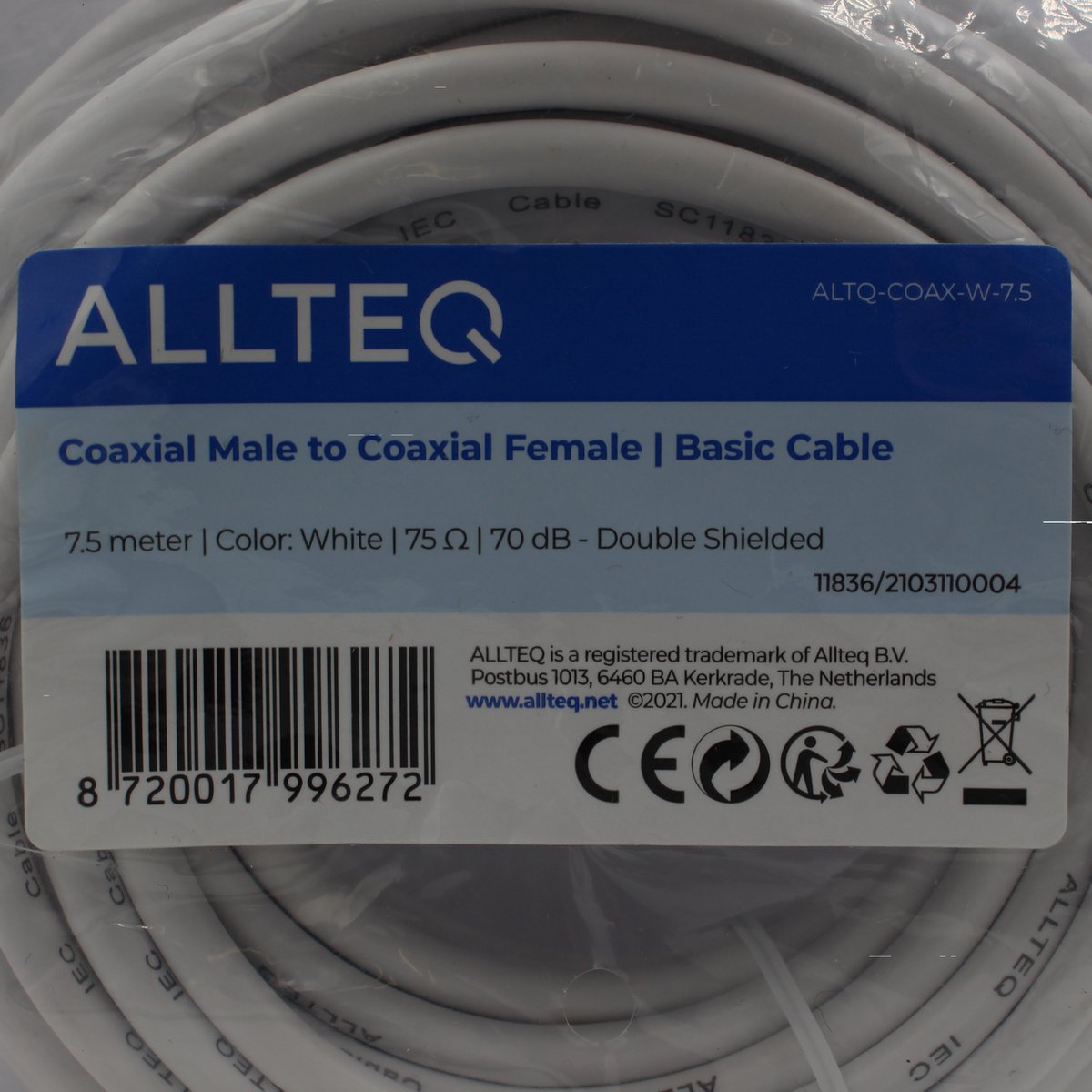 Premium Coax Kabel - Dubbel afgeschermd - IEC Coax Kabel voor TV - Wit - 7.5 meter - Allteq