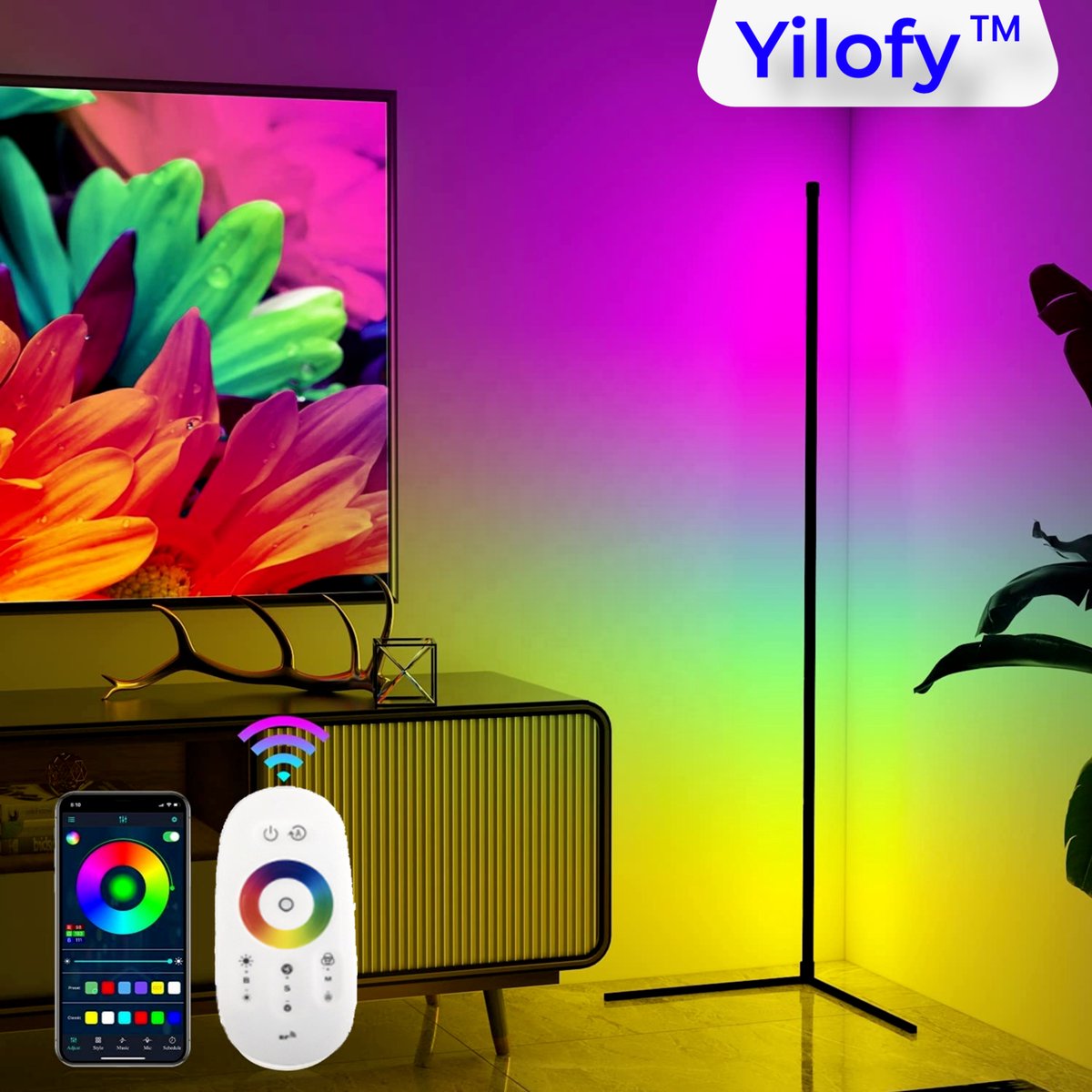YILOFY - XL Variant 1.20 CM Moderne LED Hoeklamp Bluetooth - Vloerlamp - Afstandbediening bestuurbaar- RGB - Dimbaar - Nieuw 2023 Staande lamp