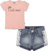 DJ Dutchjeans - Kledingset(2delig) - short jeans met kant - shirt roze met print - Maat 104