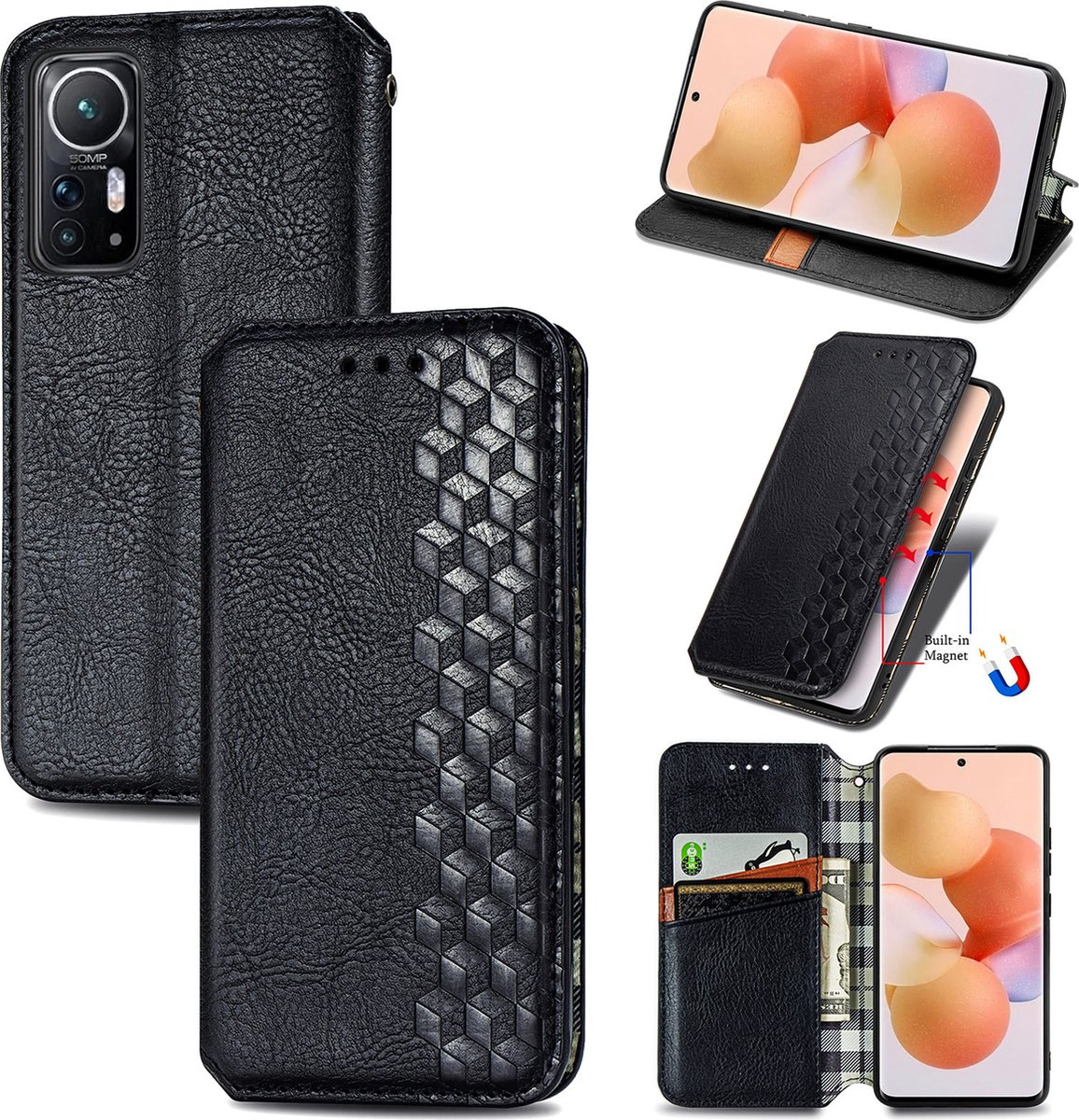 Luxe PU Lederen Ruitpatroon Wallet Case + PMMA Screenprotector voor Xiaomi 12 / 12X _ Zwart