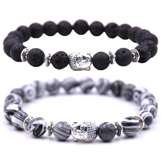 Kralen armband buddha / boedha bedel - Armband dames / heren / unisex - Natuursteen kralen bandje - Elastiek 19 cm - 8mm stenen - Armbandenset (2 stuks) - Vulkanisch zwart & zebra