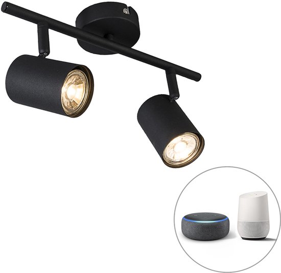 Double spot noir sur un rail, avec un cercle dessiné montrant les appareils Alexa et Google Home.