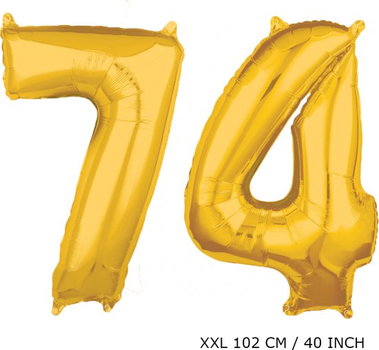 Mega grote XXL gouden folie ballon cijfer 74 jaar. Leeftijd verjaardag 74 jaar. 102 cm 40 inch. Met rietje om ballonnen mee op te blazen.