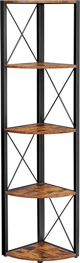 FURNIBELLA - Boekenkast met 5 niveaus, hoekplank, staande plank, opbergplank, voor woonkamer, badkamer, keuken, hal, eenvoudige montage, vintage bruin-zwart LLS805B01