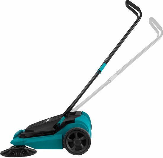 Turquoise en zwarte veegmachine op witte achtergrond met beweegbare stang.