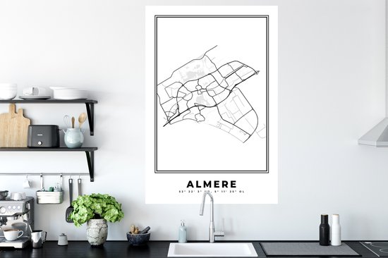 Stickers muraux - Plan de la ville - Zwart Wit - Carte - Almere - Pays- Nederland - Carte - 80x120 cm - Feuille adhésive
