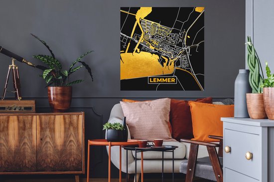 Stickers muraux - Lemmer - Black and Gold et Or - Plan de la ville - Carte - Plan d'étage - 50x50 cm - Film adhésif