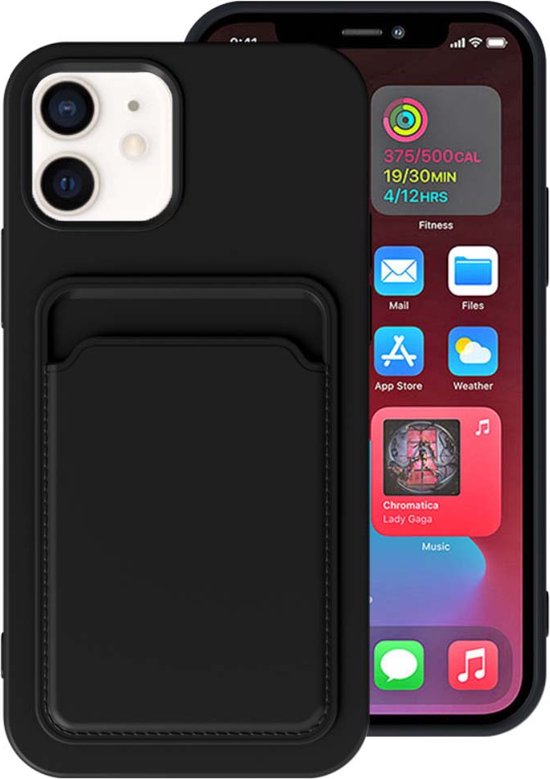 Zwart iPhone 11 hoesje met pasjeshouder, met een iPhone 11 met een groen vinkje ernaast.