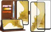 Hoesje geschikt voor Samsung Galaxy S22 Plus - Book Case Leer Wallet Cover Portemonnee Pasjeshouder Hoes Bruin - Full Tempered Glass Screenprotector