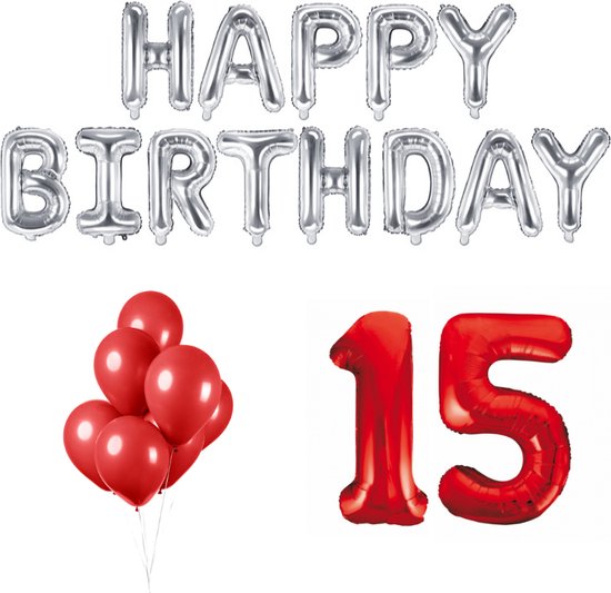 15 jaar Verjaardag Versiering Ballon Pakket Rood & Zilver