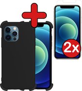 Hoes voor iPhone 12 Pro Hoesje Zwart Siliconen Shockproof Case Met 2x Screenprotector - Hoes voor iPhone 12 Pro Hoes Shock Proof Cover Met 2x Screenprotector - Zwart