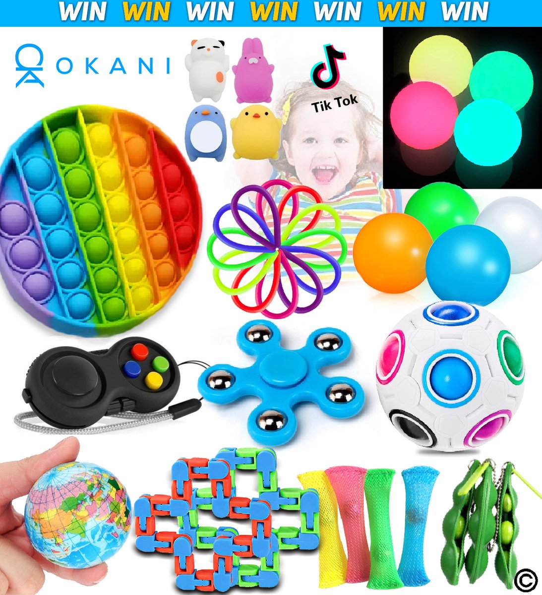 Okani© - Fidget toys pakket - WIN 100% TERUGBETAALD - 20 Toys Set - Pop it regenboog - Glow in the dark - Sticky balls - Tiktok speelgoed - Fidget cube - Fidget pad - Okani