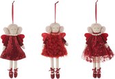 J-Line Kersthanger engel popjes - textiel - wit & rood - 3 stuks - kerstboomversiering