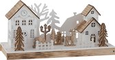J-Line Kerstdorp met verlichting - deco winter - hout - naturel & wit - small - woonaccessoires