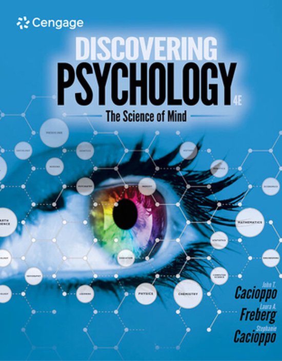 Cengage - Discovering Psychology 4E, The Science of Mind. Een oog met een regenboogiris omringd door een moleculair netwerk.