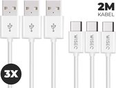 USB naar USB C Kabel - 2 meter - Wit - 3 Stuks - voor Samsung / Huawei