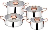 OZ Life - HUMA - Kookpottenset - (Set van 4 potten + 4 deksels) - Zilver / Koper - Met handgreep -