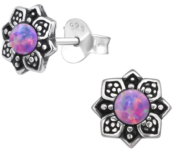 Joy|S - Zilveren bloem oorbellen - 7 mm - paars roze lavender - massief - Bali oorknoppen