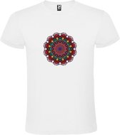 Wit T-shirt met Grote Mandala in Groen en Donker Roze kleuren size 4Xl