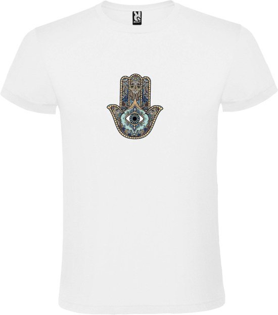 Foto: Wit t shirt met hamsa hand in blauw bruin en beige kleuren size 4xl