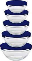 Altom Design glazen schalen set van 5 met deksels - Vaatwasser bestendig - Food prepping - Vriezer bestendig - Magnetron bestendig - Blauw