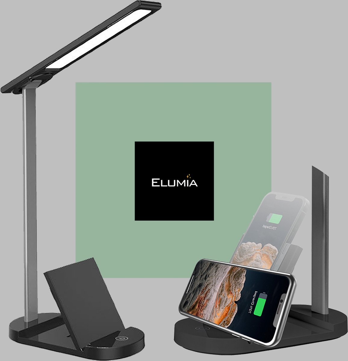 Elumia D18 - Bureaulamp met oplader - Draadloze lader - Snellader iPhone - Snellader Samsung - Wireless charger - Aanpasbare helderheid - Twee apparaten laden - Tafellamp - Bureaulamp LED - Oplaadstation - Tafellamp slaapkamer