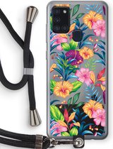 Case Company® - Samsung Galaxy A21s hoesje met Koord - Tropisch 2 - Telefoonhoesje met Zwart Koord - Bescherming aan alle Kanten en Over de Schermrand