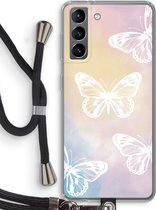 Case Company® - Samsung Galaxy S21 hoesje met Koord - White butterfly - Telefoonhoesje met Zwart Koord - Bescherming aan alle Kanten en Over de Schermrand