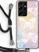 Case Company® - Samsung Galaxy S21 Ultra hoesje met Koord - White butterfly - Telefoonhoesje met Zwart Koord - Bescherming aan alle Kanten en Over de Schermrand