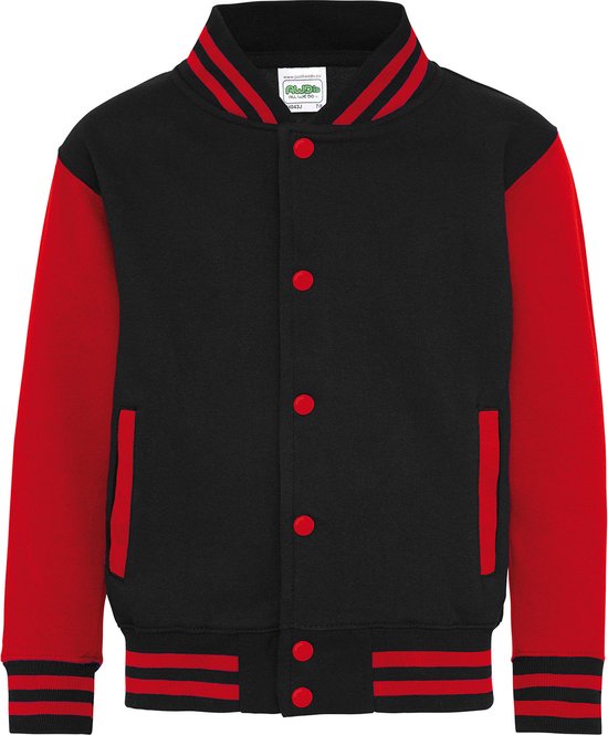 Awdis Kinder Unisex Varsity Jacket / Schoolkleding (Jet Zwart / Vuurrood)
