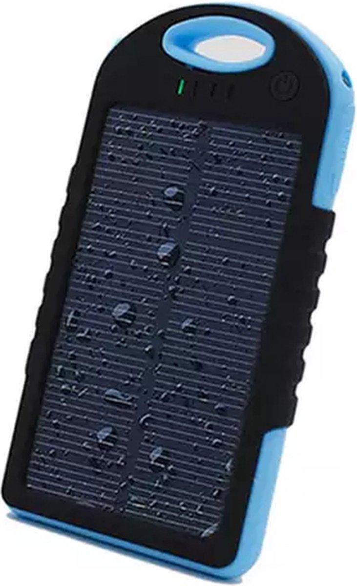Draagbare zonnelader met dubbele USB + karabijn + zaklamp - 5000 mah - blauw