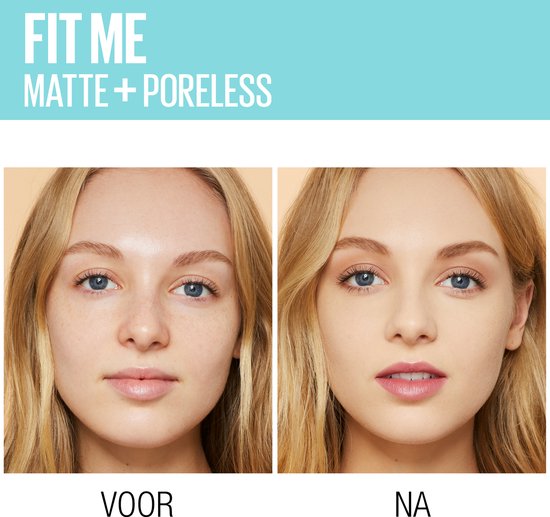 Voor en na foto's van Maybelline Fit Me Matte + Poreless foundation. Links 'voor' zonder foundation, rechts 'na' met foundation.