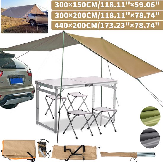 Carefree-300*200cm camping auto luifel-voortent luifel-Auto tarp-Carside tarp-Rooftop luifel-Rooftop tarp-zonwering-markies-Sunroof-caravanluifel-Zonwering Waterdichte Camper Auto Achterklep Tent Voor SUV Rijden Camping Reizen-Khaki