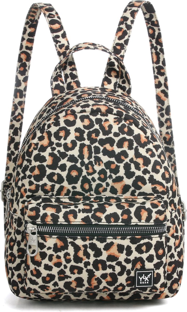 YLX Mini Backpack voor dames. Luipaarden print, geel/bruin. Recycled Rpet materiaal. Eco-friendly
