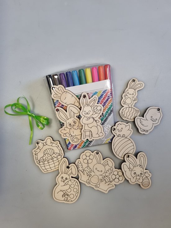 Pasen - Kleursetje - 11 Hangers - Paasboom - Paastakken - zelf inkleuren - kinderen - knutselen Pasen - knutselsetje - knutsel pakketje