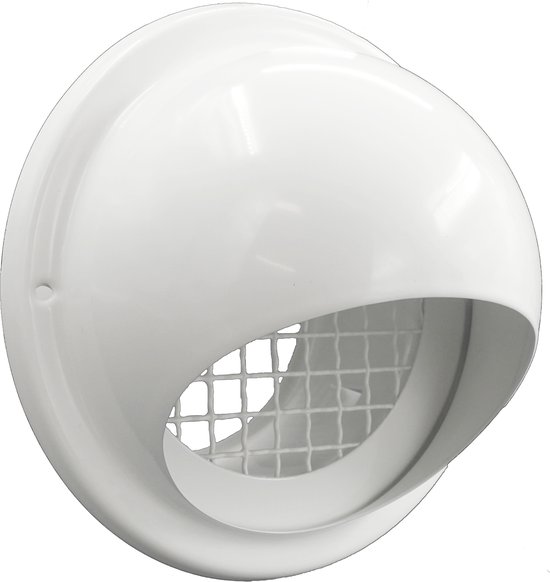 Wit bolrooster met grofmazig rvs gaas, voor muurbevestiging.