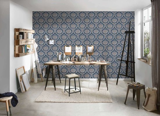 BAROK ORNAMENTEN BEHANG - Beige Blauw Creme Metallic - AS Creation Paradise Garden