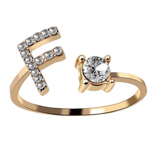 Ring Met Letter - Ring Met Steen - Letter Ring - Ring Letter - Initial Ring - (Zilver 925) Gold-Plated Letter F - Cadeautje voor haar
